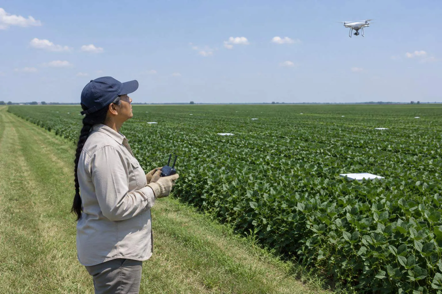 A surveyor on a mown lane beside a soybean field watches a small white drone hover over the crops on a hot July morning.